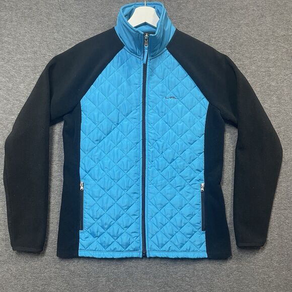 LRL Ralph Lauren Active Jacket Womens Medium Blue Black Fleece Full Zip Quilted - Picture 1 of 7